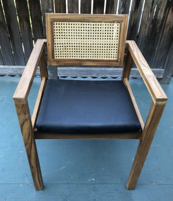 Pair of Coastal Boho Leather Cushion Teak & Cane Armchairs - Image 3