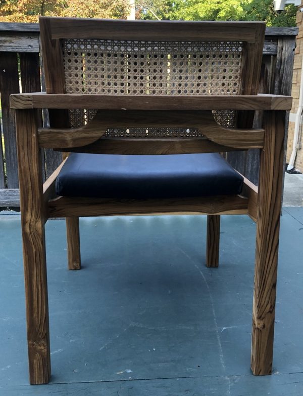 Pair of Coastal Boho Leather Cushion Teak & Cane Armchairs - Image 4