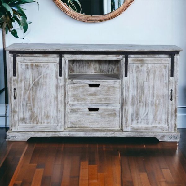 Coastal Whitewash 5' Sliding Door TV Stand Media Cabinet - Image 5