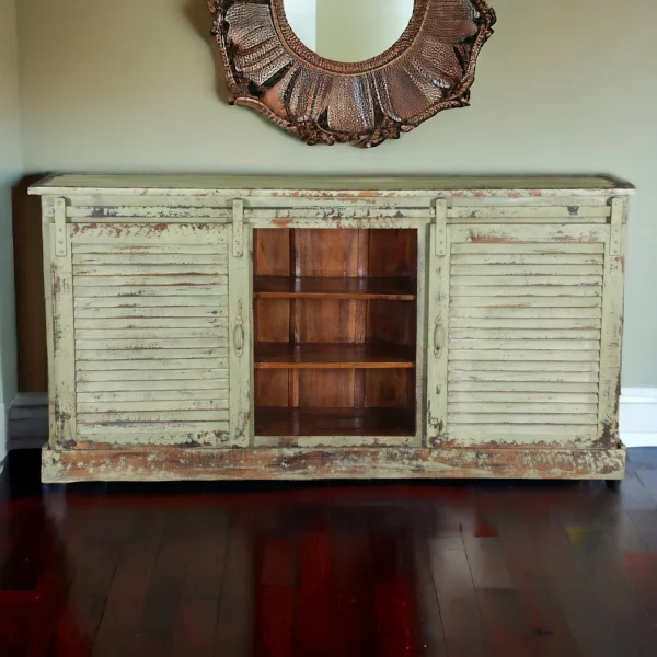 Country Farmhouse Sliding Shutter Media Console - Image 3