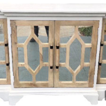 White Coastal Carved Mirror Door Credenza