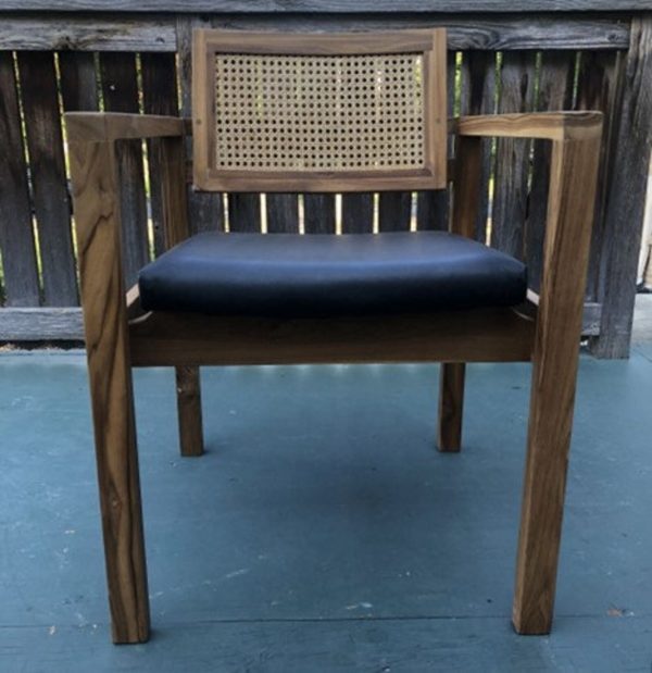 Pair of Coastal Boho Leather Cushion Teak & Cane Armchairs - Image 6