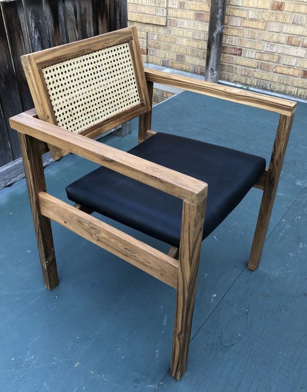 Pair of Coastal Boho Leather Cushion Teak & Cane Armchairs - Image 7