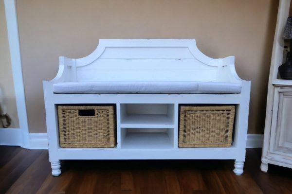 Coastal Cottage Bench With Wicker Basket Storage - Image 2