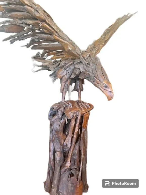 7' Teak Eagle Statue – Tree Stump Base Indoor Outdoor Decor - Image 3