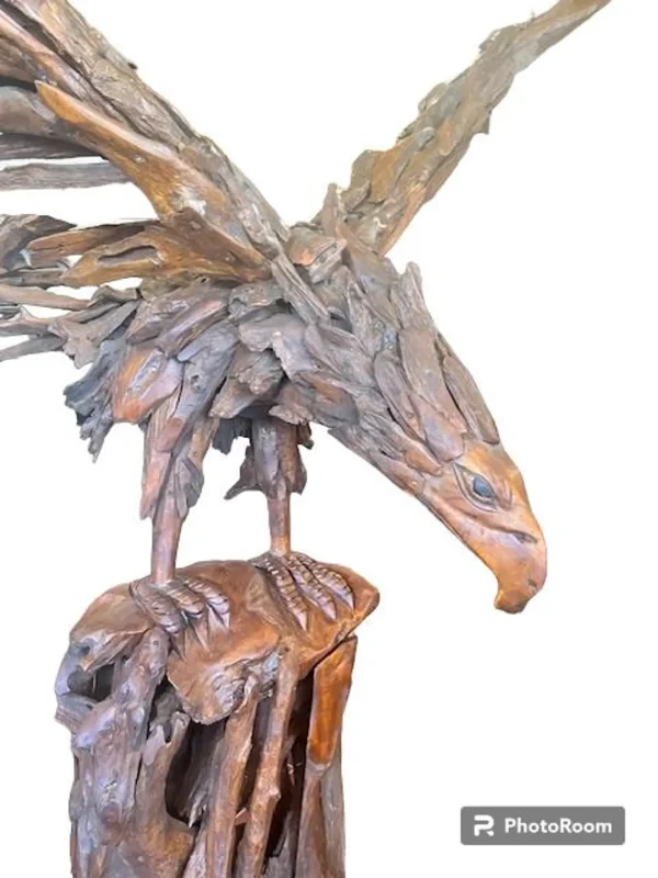 7' Teak Eagle Statue – Tree Stump Base Indoor Outdoor Decor - Image 2