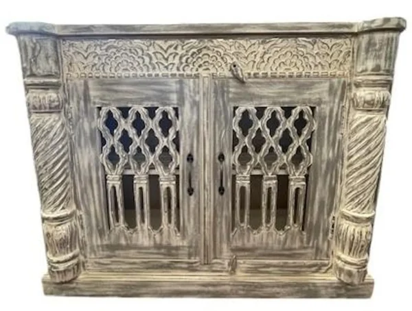 Modern Goth Carved Acacia Wood 2-Door Accent Cabinet - Image 2