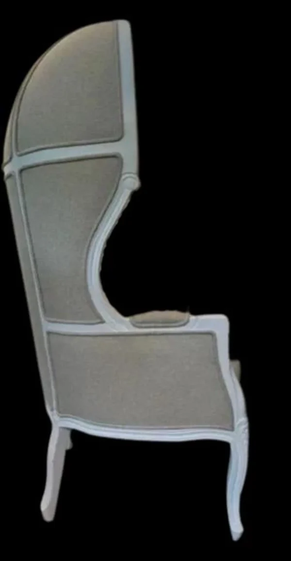 Louis XV French Style Tall Solid Wood White Porter's Linen Upholstery Canopy Balloon Throne Armchair - Image 4