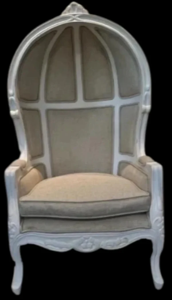 Louis XV French Style Child Size Solid Wood White Porter's Linen Upholstery Canopy Balloon Throne Armchair - Image 4
