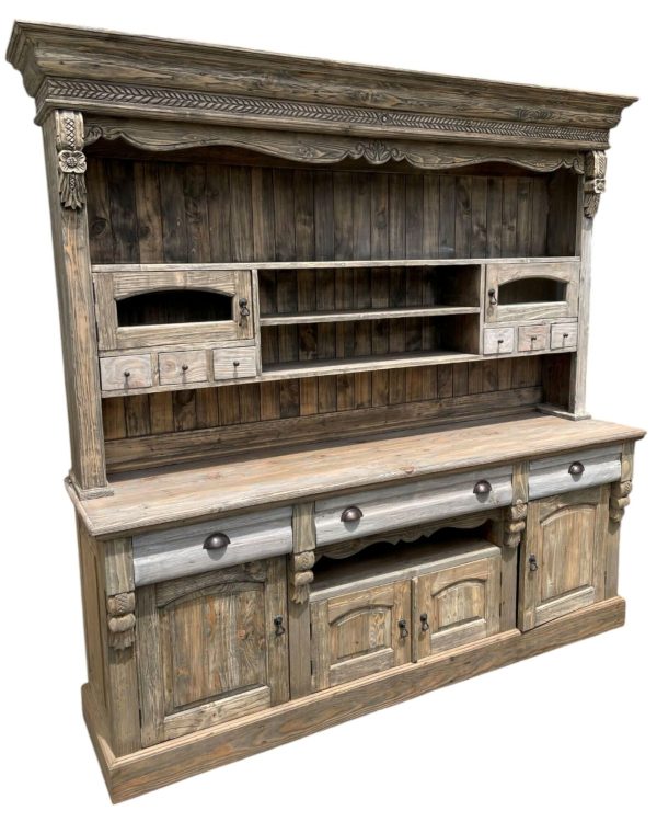 Large Farmhouse Mahogany Kitchen Hutch – 2 Pc Open China Cabinet - Image 3