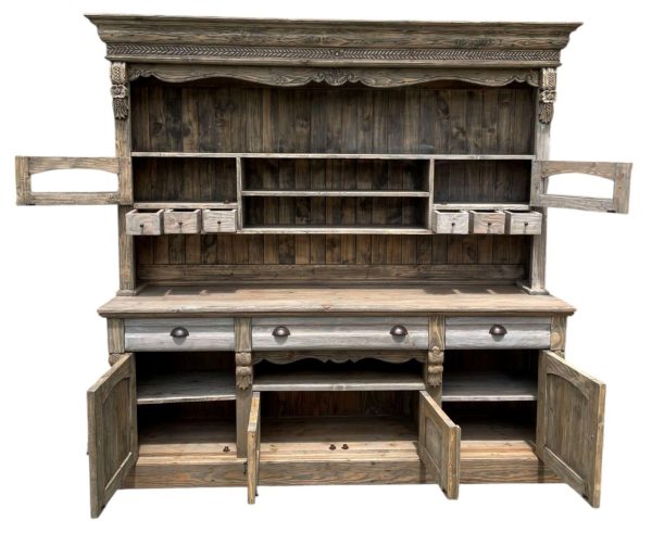Large Farmhouse Mahogany Kitchen Hutch – 2 Pc Open China Cabinet - Image 4