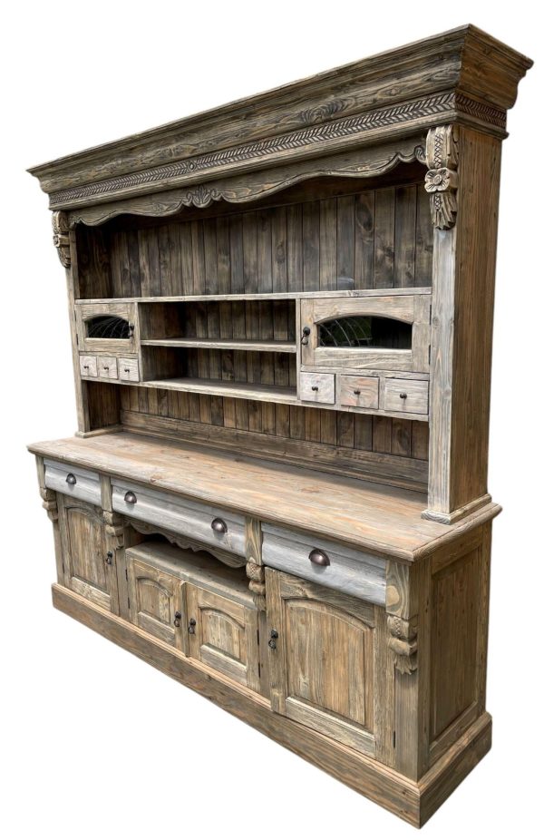 Large Farmhouse Mahogany Kitchen Hutch – 2 Pc Open China Cabinet - Image 5