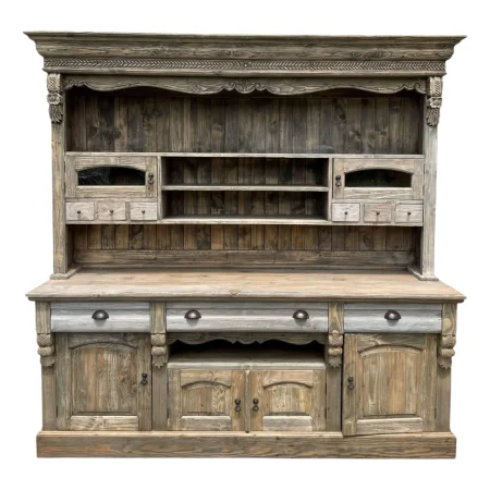 Large Farmhouse Mahogany Kitchen Hutch – 2 Pc Open China Cabinet