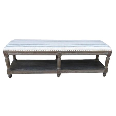 Coastal Driftwood Dining Bench With Cushion & Storage Shelf