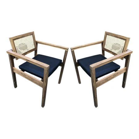 Pair of Coastal Boho Leather Cushion Teak & Cane Armchairs