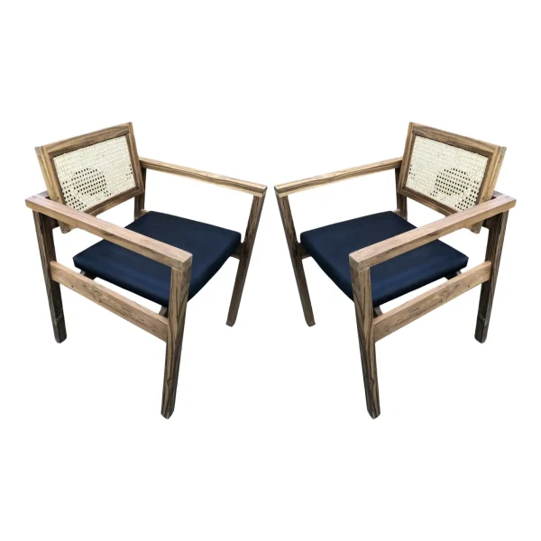 Pair of Coastal Boho Leather Cushion Teak & Cane Armchairs