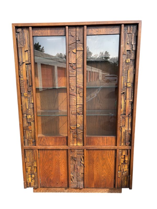 1970s Lane Staccato Mid Century Modern Brutalist Walnut China Cabinet