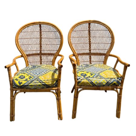 Set of 2 1980s Vintage Bamboo Rattan Side Chairs with Custom Upholstered Seats