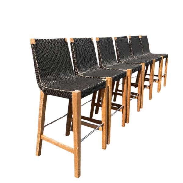 Set of 6 JANUS et Cie Teak Woven Bronze Barstools - Image 3