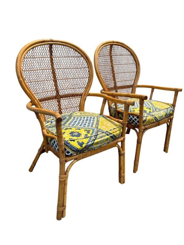 Set of 2 1980s Vintage Bamboo Rattan Side Chairs with Custom Upholstered Seats - Image 3