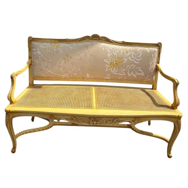 Cane Vintage Provincial Settee in Custom Butter Upholstery - Image 4