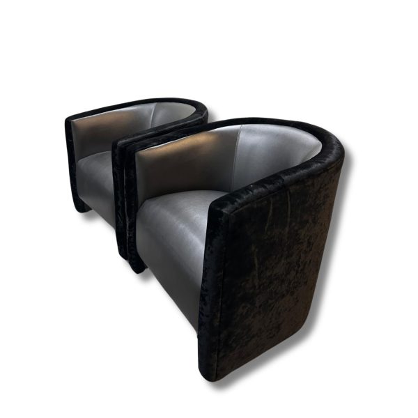 Pair of Black Velvet and Vinyl Club Chairs - Image 3